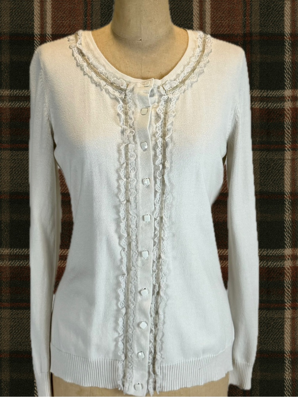 VINTAGE ruffle knit sweater cardigan button front velvet trim ivory romantic y2k